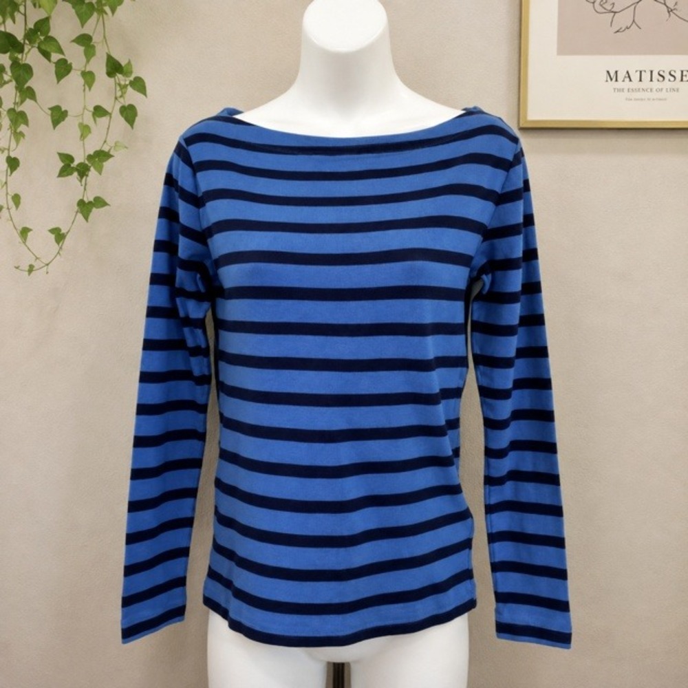 Gap Boatneck Striped Top Petite Medium Blue Long Sleeve Knit Shirt PM